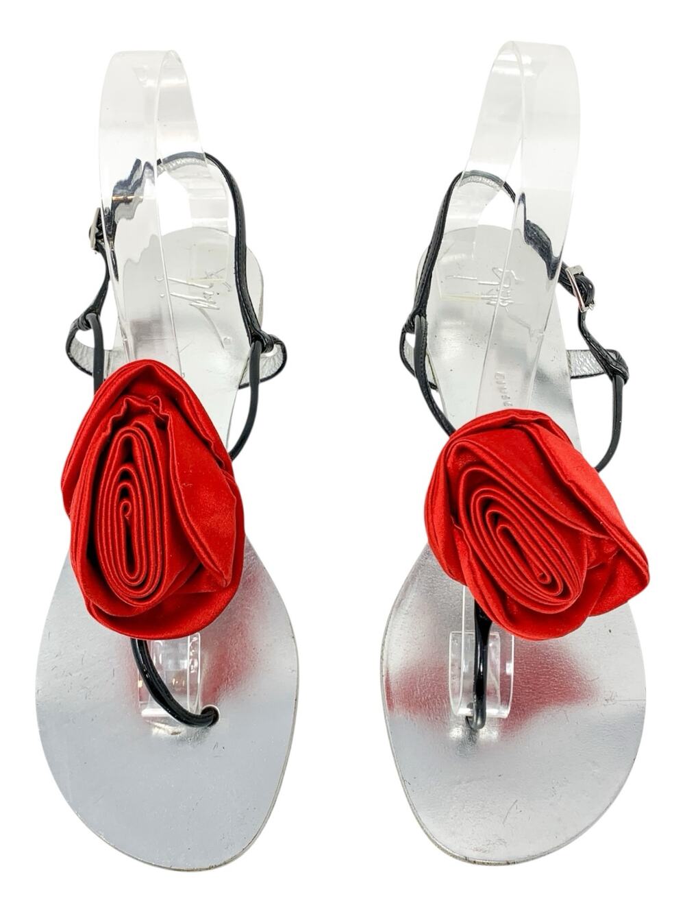 Giuseppe Zanotti Red Silk Rose Black Silver Thong Sandals Size 9B